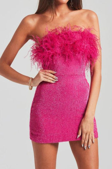 Woochic min-robe moulante brillante paillette plumes mode cocktail Rose framboise XS